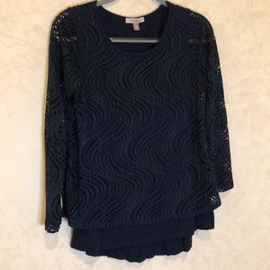 Roz & Ali Navy Patterned Overlay Long Sleeve Blouse Size Small Petite